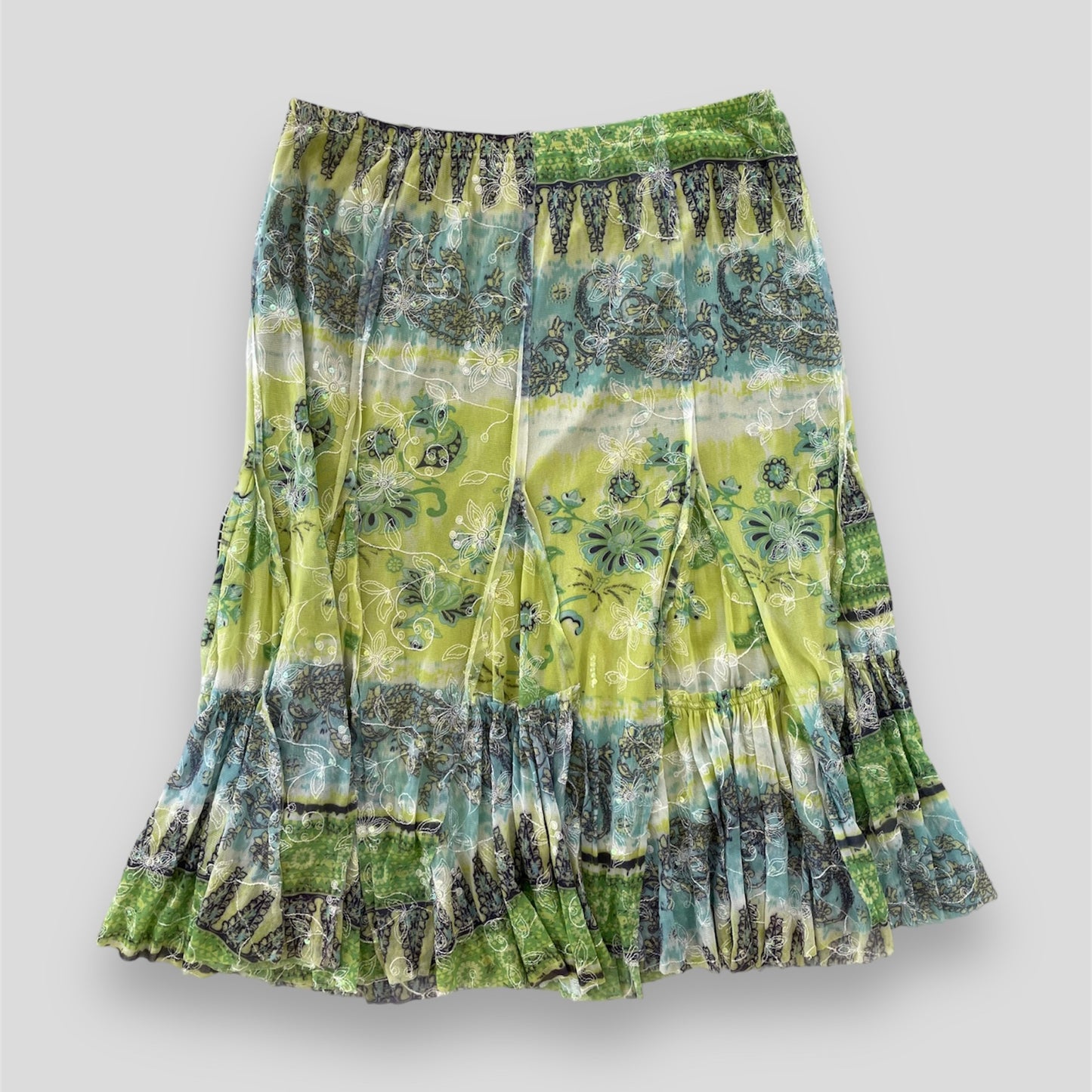 Patchington Green Mesh Overlay Sequin Floral Embroidered Fairy Midi Skirt - Large