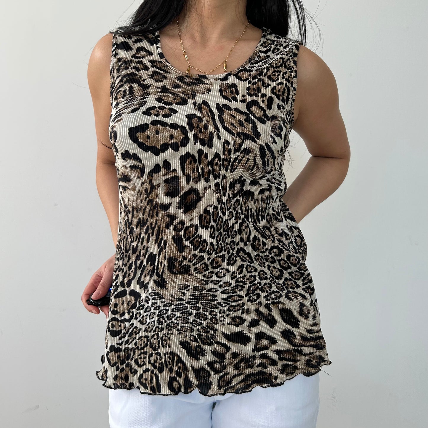 Leopard Print Sleeveless Pleated Top - Small