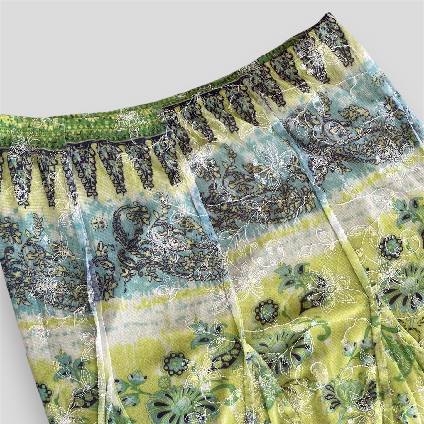 Patchington Green Mesh Overlay Sequin Floral Embroidered Fairy Midi Skirt - Large