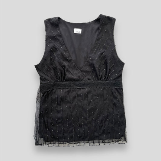 Suzy Shier Black V-Neck Mesh Sequin Tank - Large