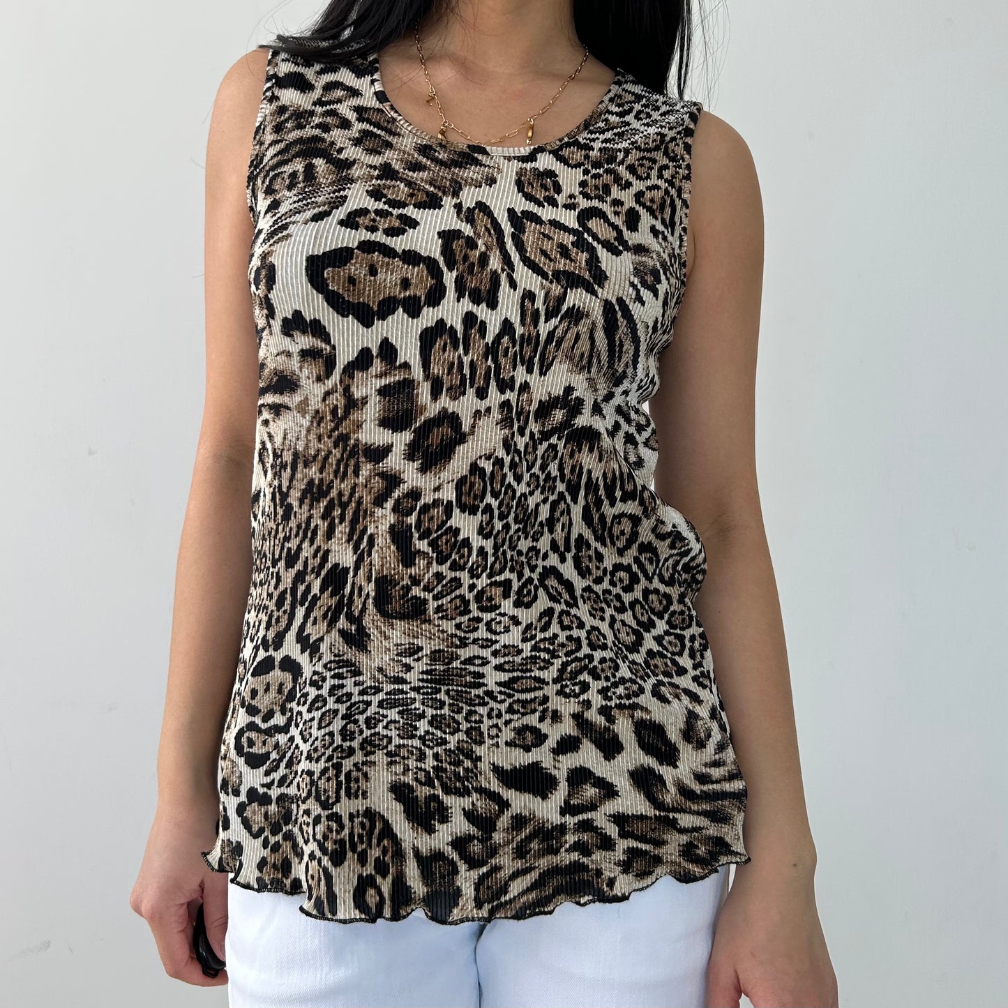 Leopard Print Sleeveless Pleated Top - Small