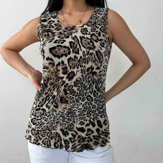 Leopard Print Sleeveless Pleated Top - Small