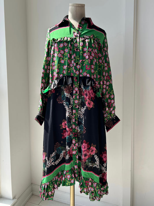Sandro Green Floral Silk Shirt Dress - Medium