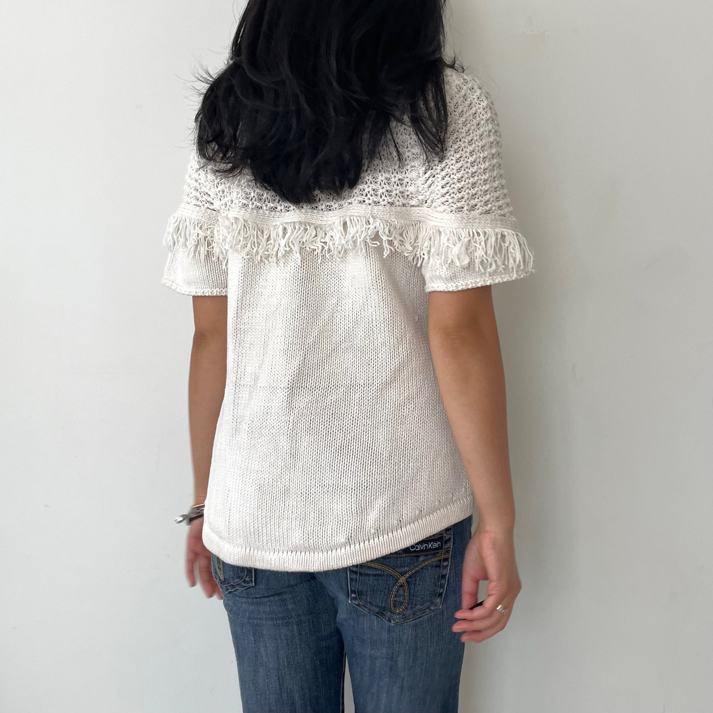 Anthropologie 9-H15 STCL White Cotton and Silk Short Sleeve V Neck Fringe Knit - Small