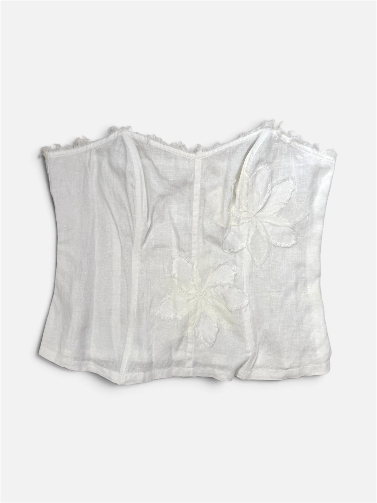 White Linen Embroidered Boned Bustier Strapless Top - Large