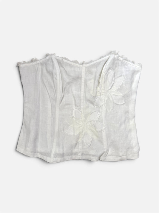 White Linen Embroidered Boned Bustier Strapless Top - Large