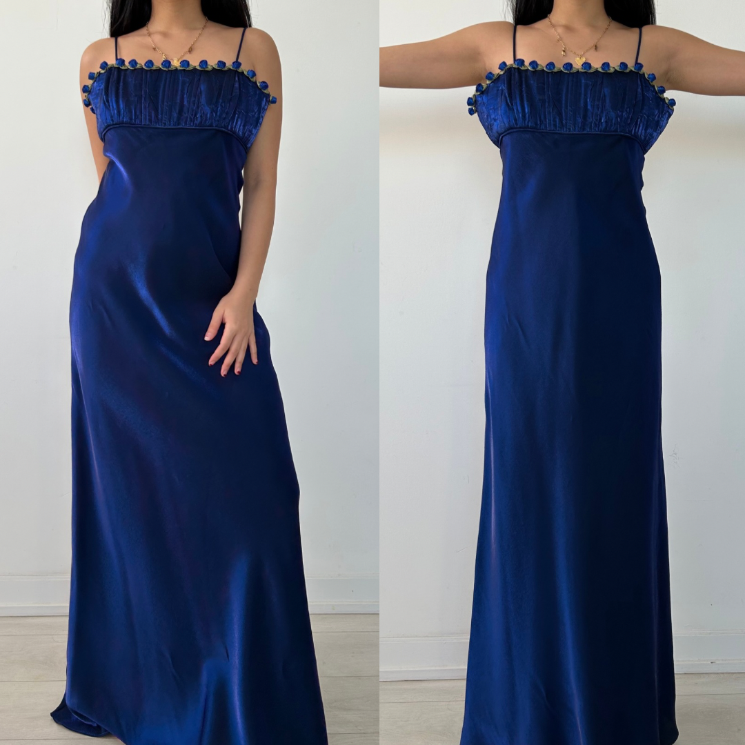 Vintage 90s Made in USA Royal Blue Satin Gown with Rose Trim - Medium