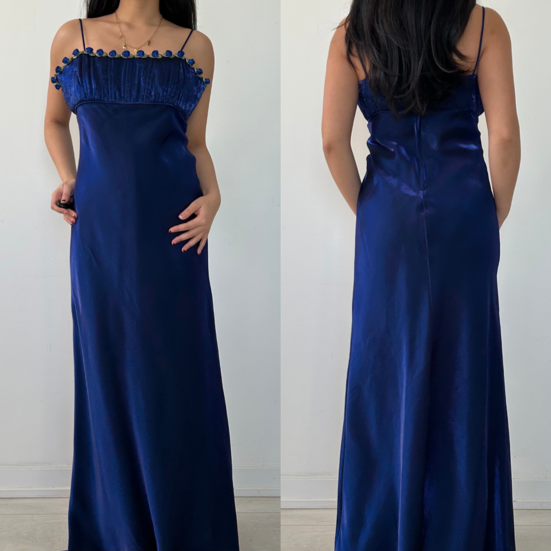 Vintage 90s Made in USA Royal Blue Satin Gown with Rose Trim - Medium