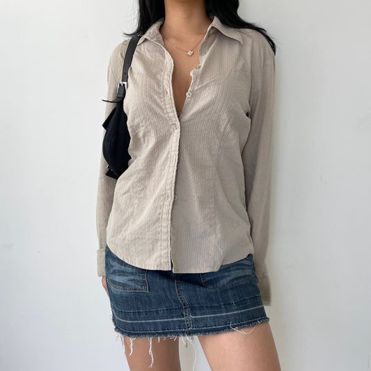 Anika Beige Long Sleeve Button Up Shirt - Medium