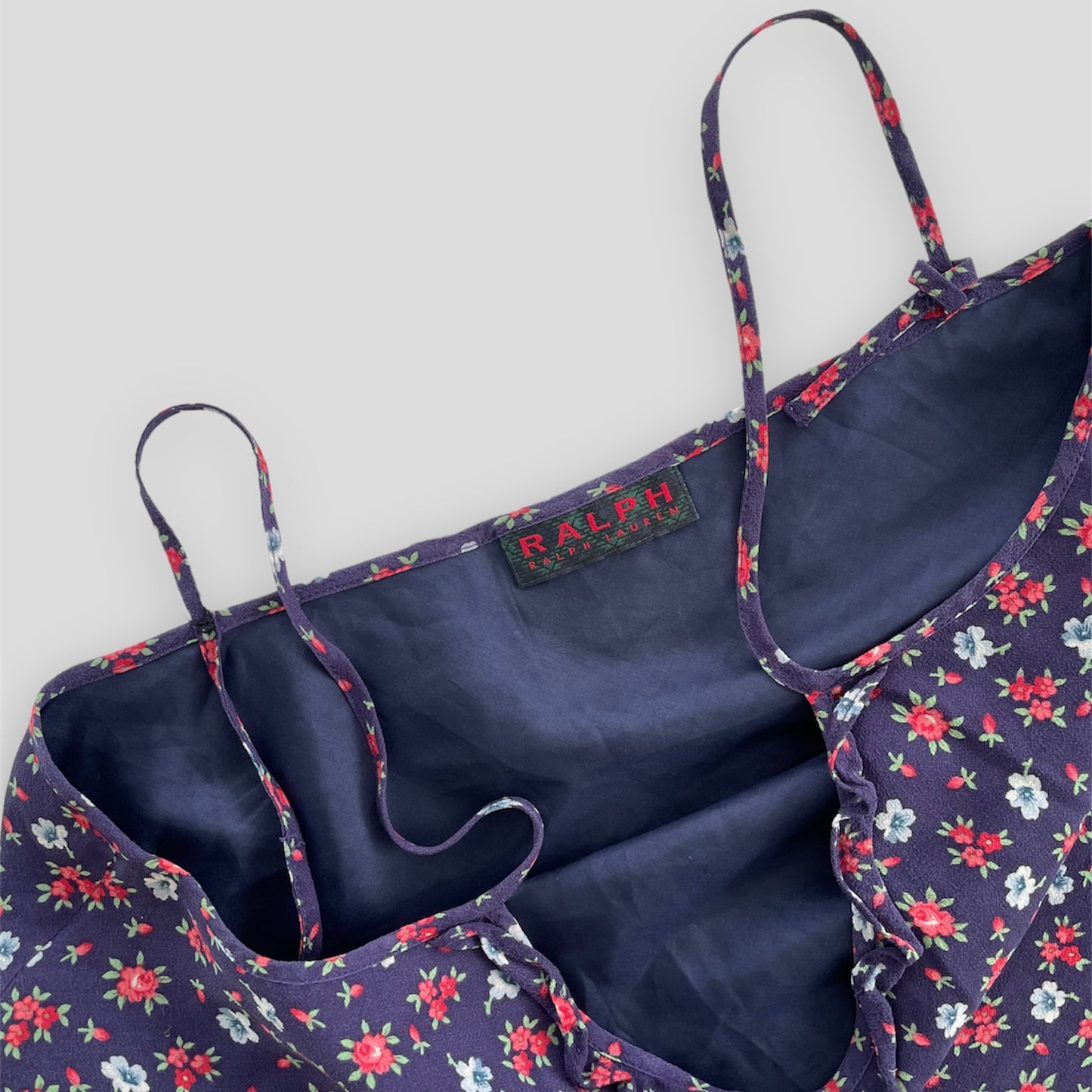 Vintage 1990s Ralph Lauren Navy and Red Floral Silk Cami Top - Small/Medium