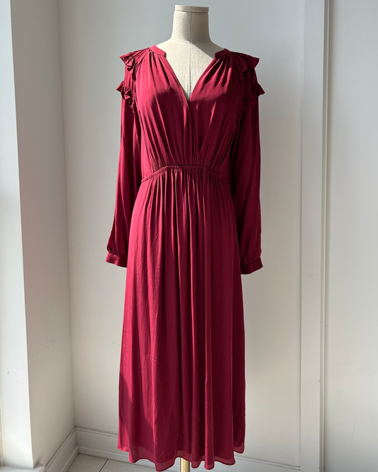 ba&sh Wine Red Long Sleeve Midi Dress - Medium
