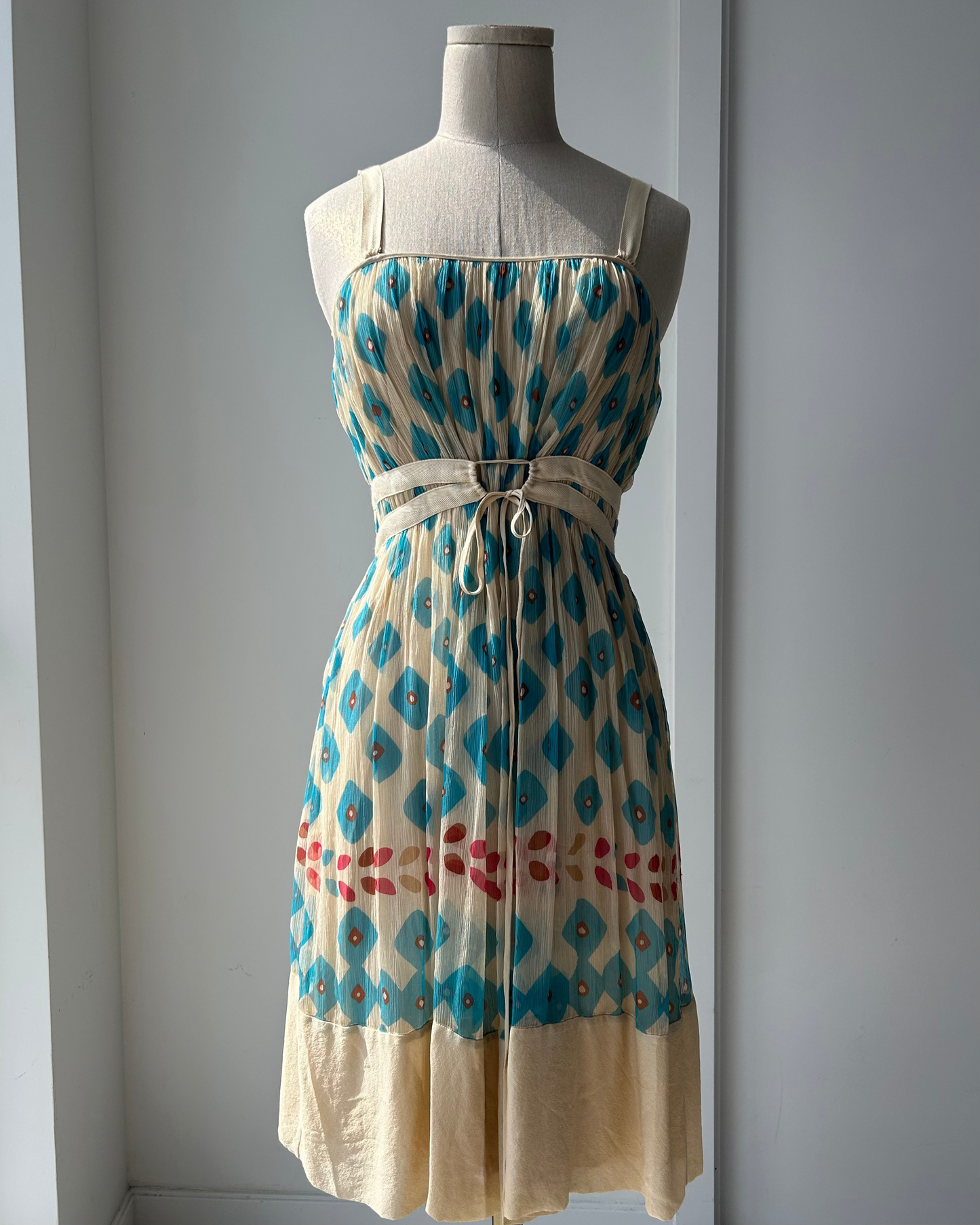 Diane Von Furstenberg Ivory and Turquoise Patterned Silk Dress - X-Small