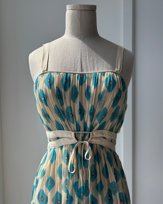 Diane Von Furstenberg Ivory and Turquoise Patterned Silk Dress - X-Small