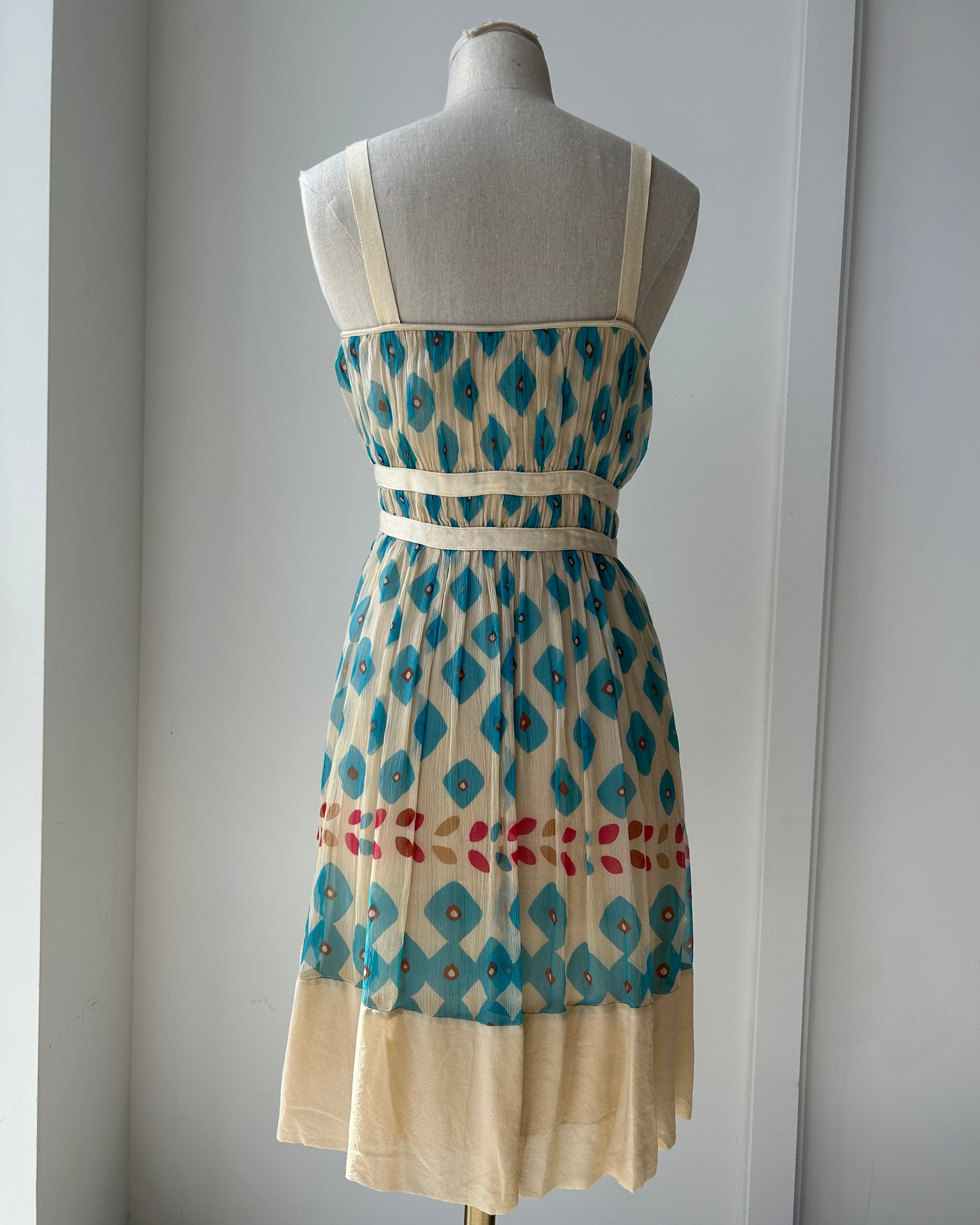 Diane Von Furstenberg Ivory and Turquoise Patterned Silk Dress - X-Small