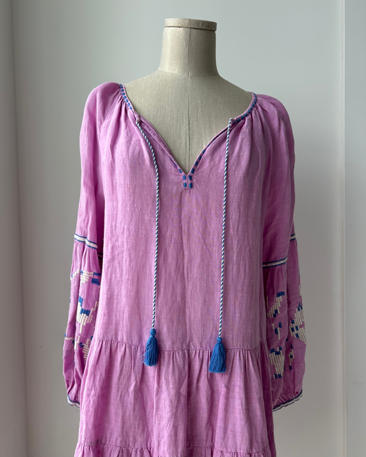Benaras by Citrus Pink Embroidered Long Sleeve Linen Tunic Dress with Tassels - X-Large