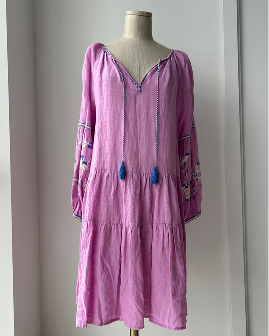 Benaras by Citrus Pink Embroidered Long Sleeve Linen Tunic Dress with Tassels - X-Large