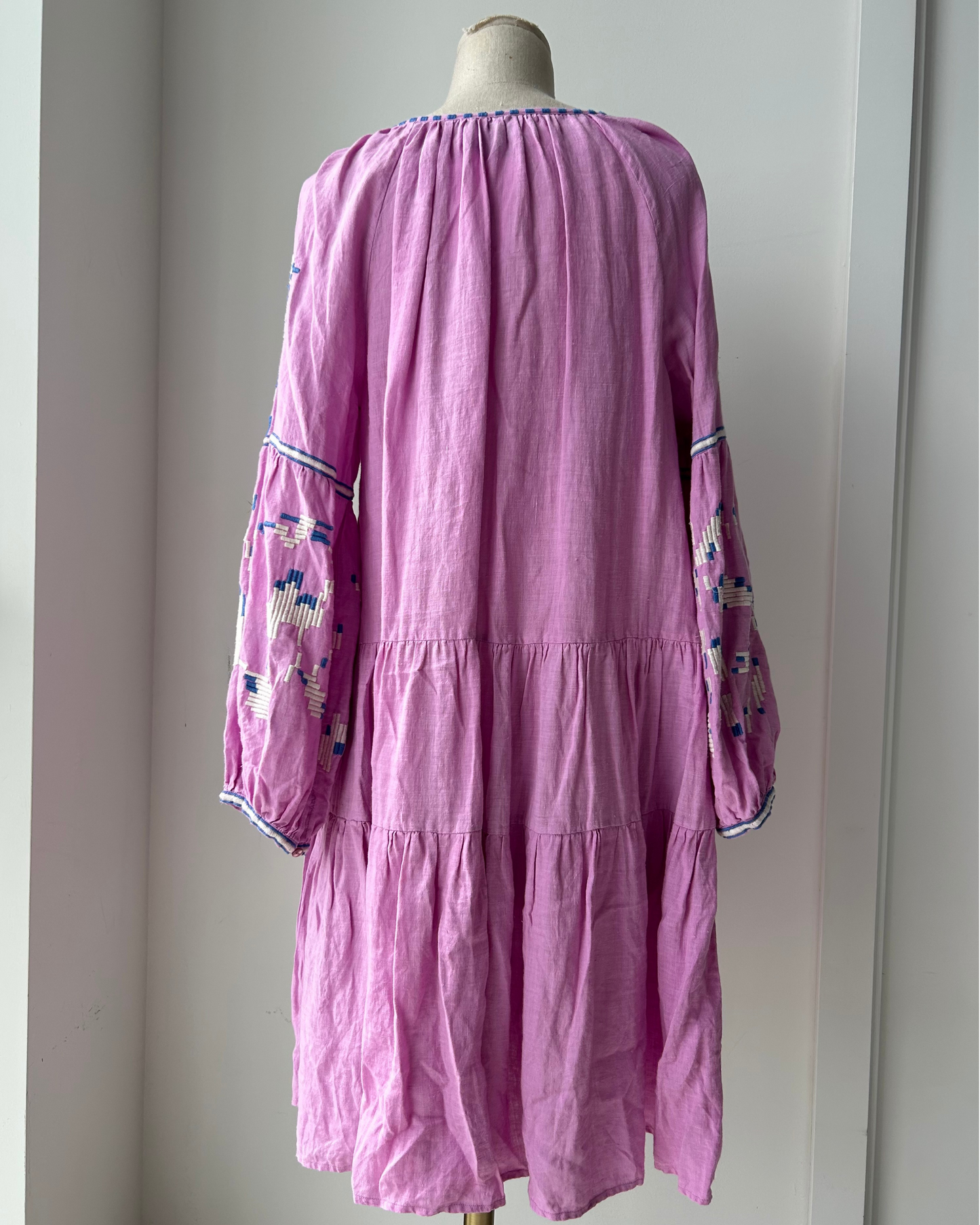Benaras by Citrus Pink Embroidered Long Sleeve Linen Tunic Dress with Tassels - X-Large