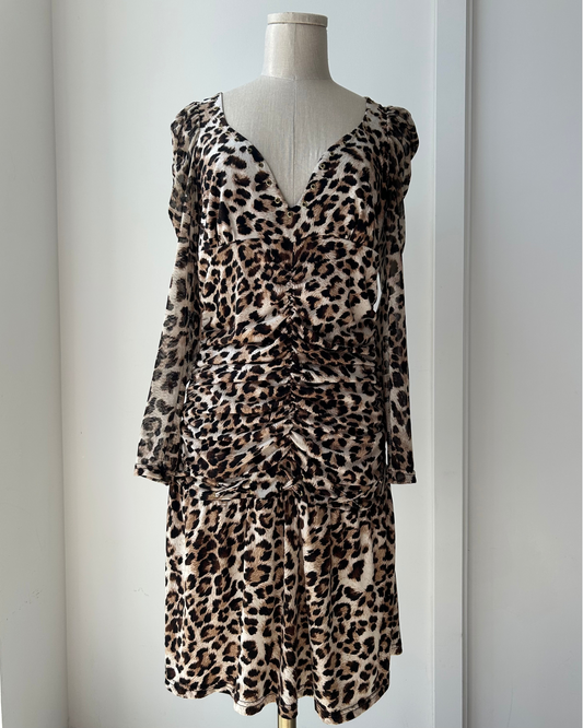 Morgan de Toi Leopard Print Long Sleeve Ruched Mini Dress - Large