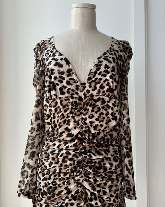 Morgan de Toi Leopard Print Long Sleeve Ruched Mini Dress - Large