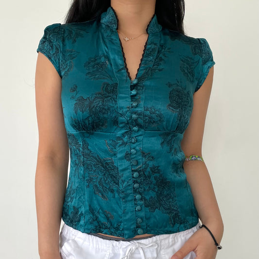 Le Chateau Teal Oriental Style Button Up Short Sleeve Blouse - Small