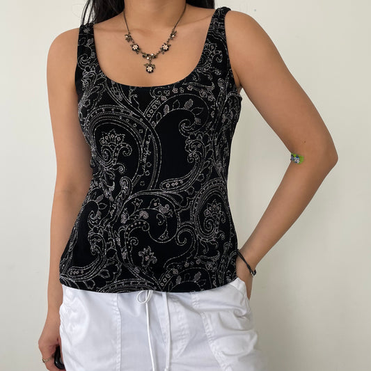 Vintage 1980s Alex Evenings Black and Silver Paisley Patterned Tank Top - Medium