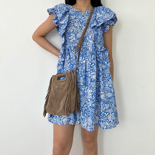 Zara Blue and White Floral Ruffle Sleeve Mini Dress - Small