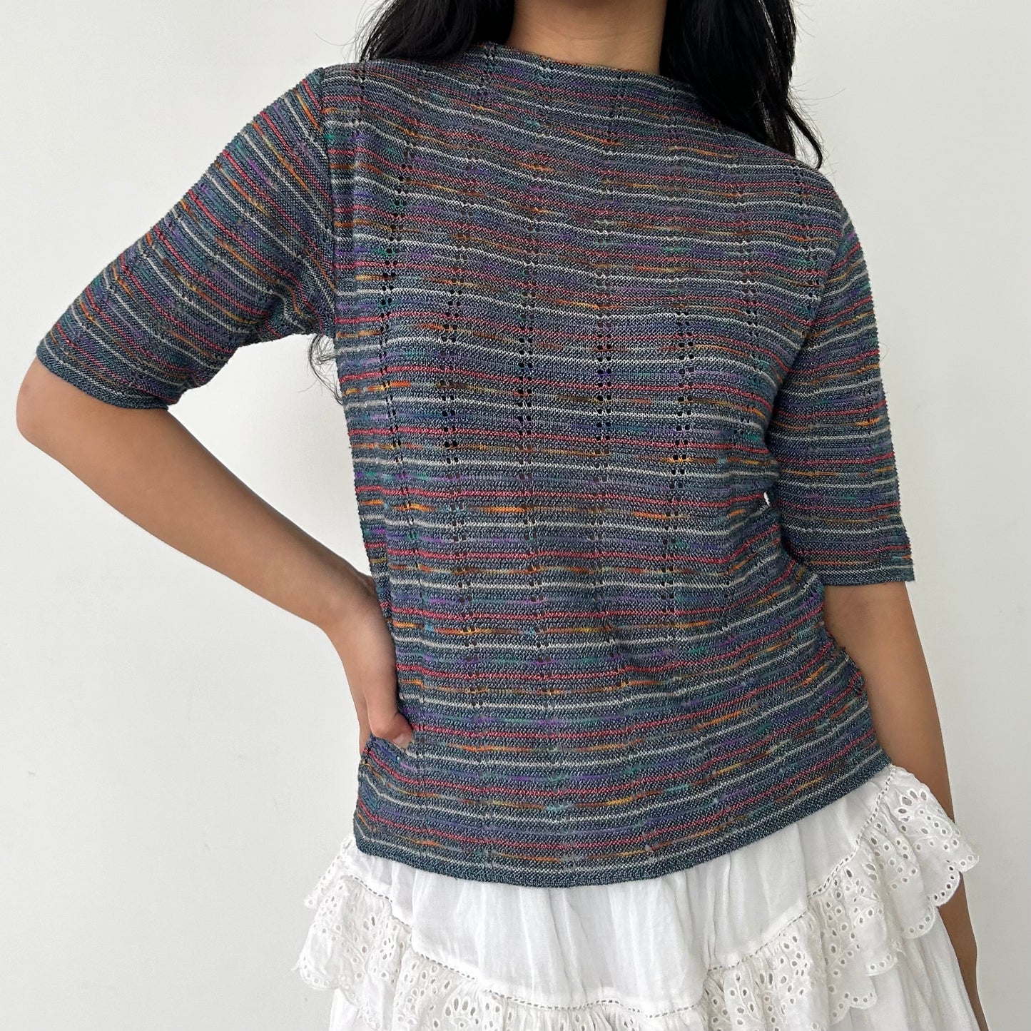 Made in Japan Blue Mock Neck Short Sleeve Striped Top - Small