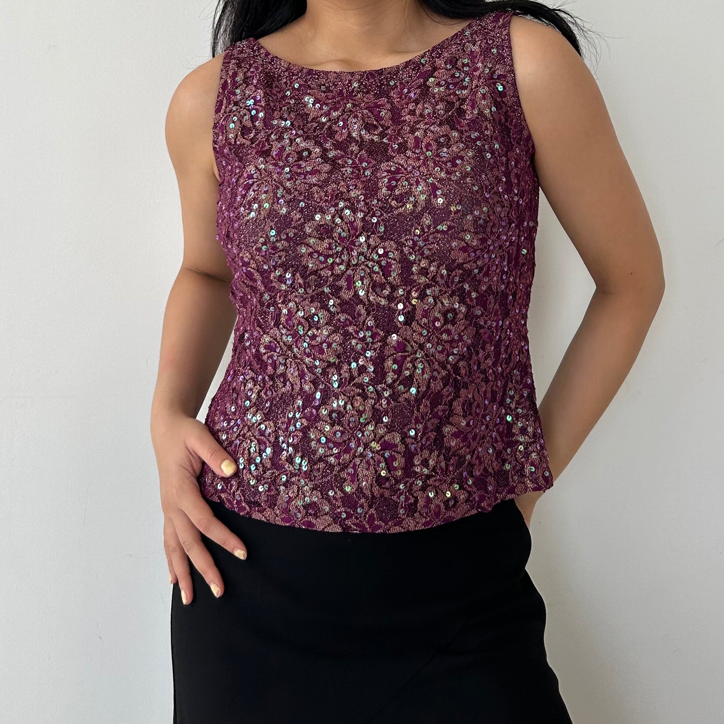 GVN Purple Sequin High Neck Sleeveless Floral Tank - Medium