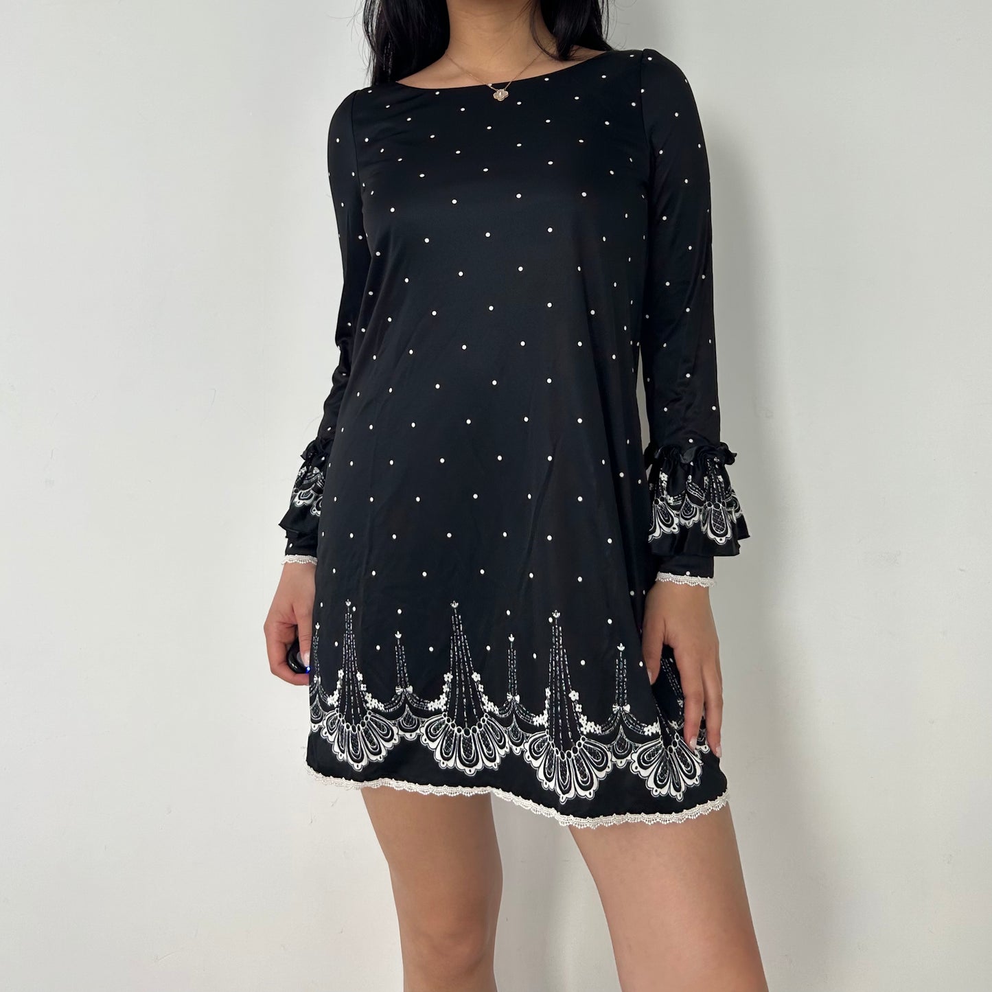 BNWT Snidel Black Boat Neck Polka Dot Printed Bell Sleeve Mini Dress - X-Small/Small