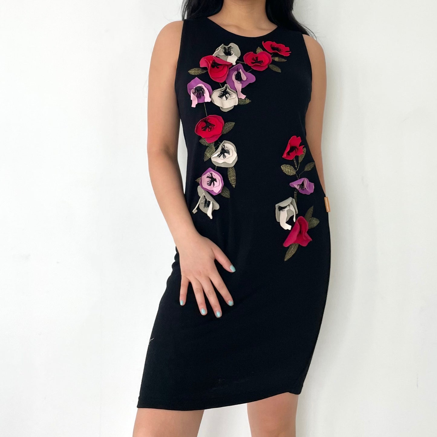 Mamatayoe Black Sleeveless Dress with Red Poppy Floral Details - Large