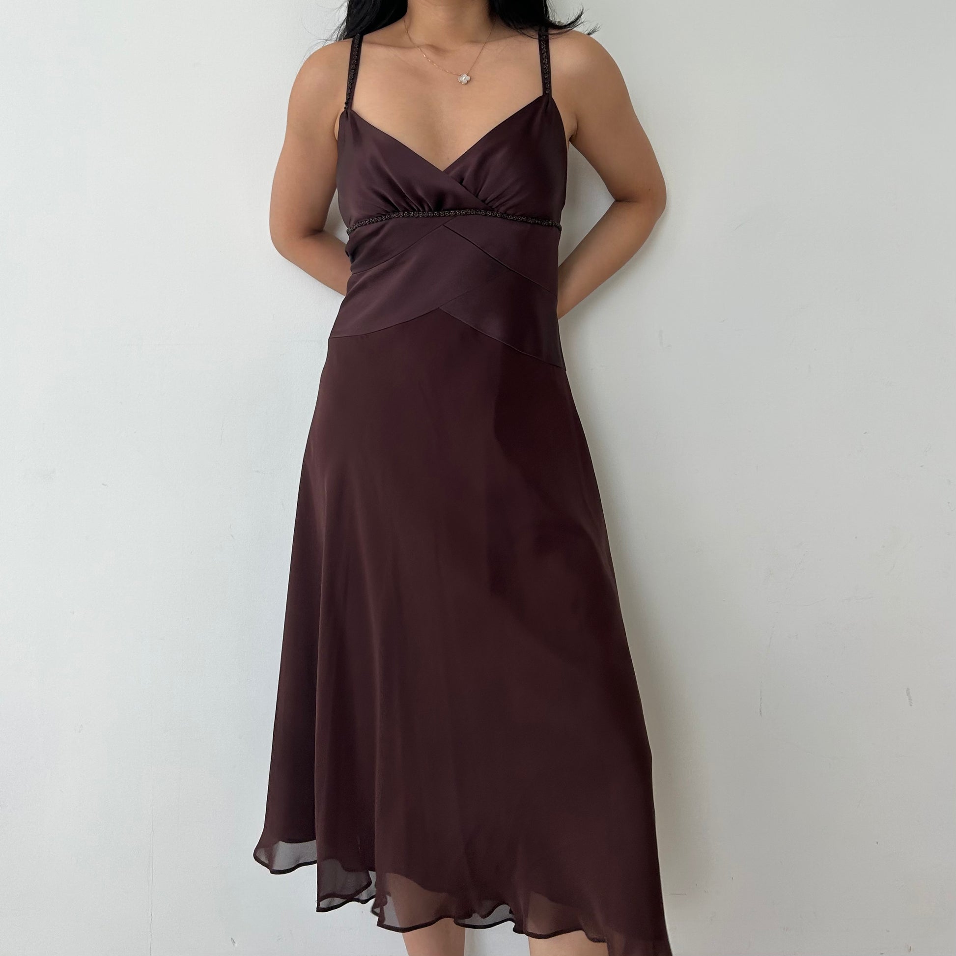 Jones New York Brown Silk V-Neck Midi Formal Dress - Medium – Zoehify