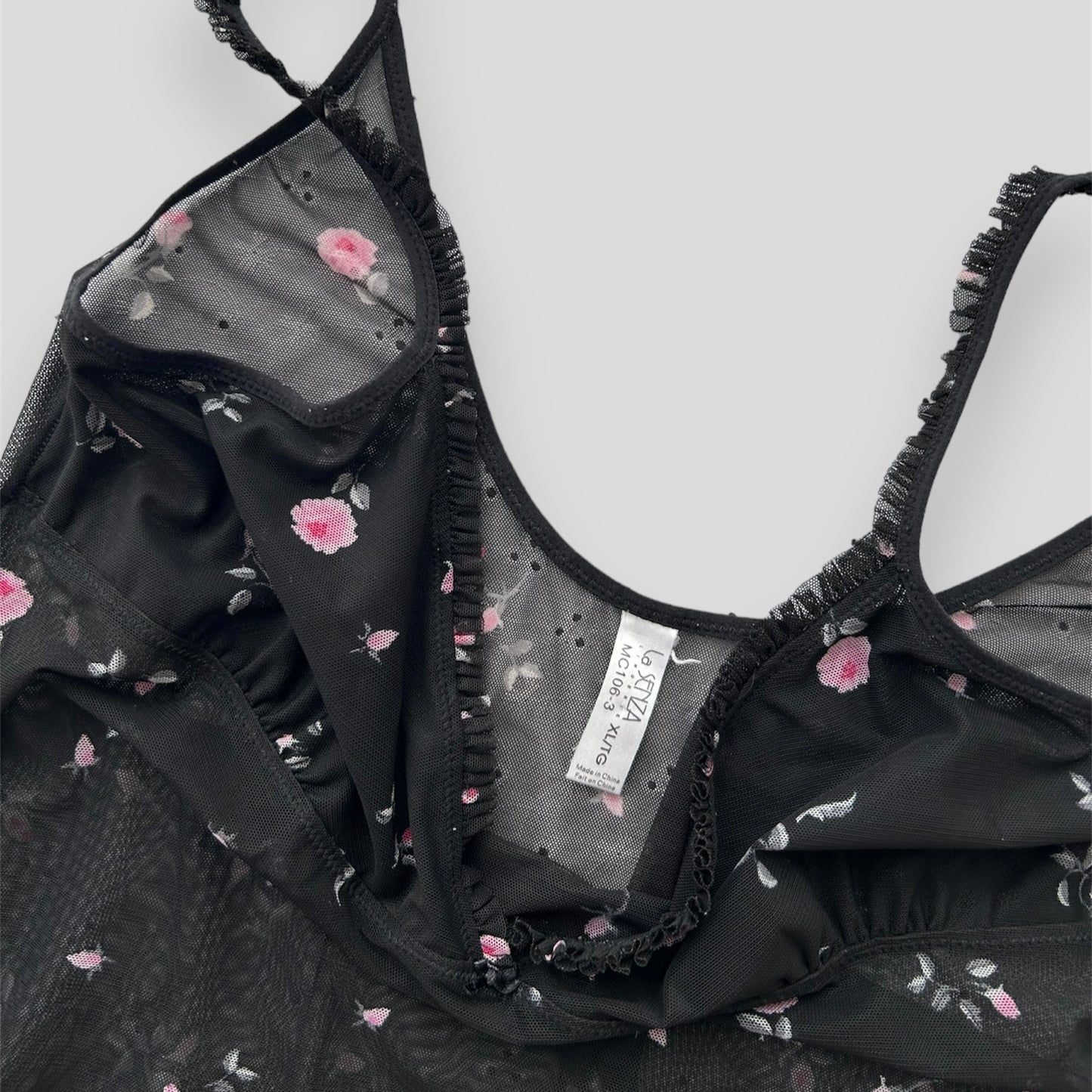 La Senza Black and Pink Floral Ruffle Trim Sheer Mesh Tank - X-Large