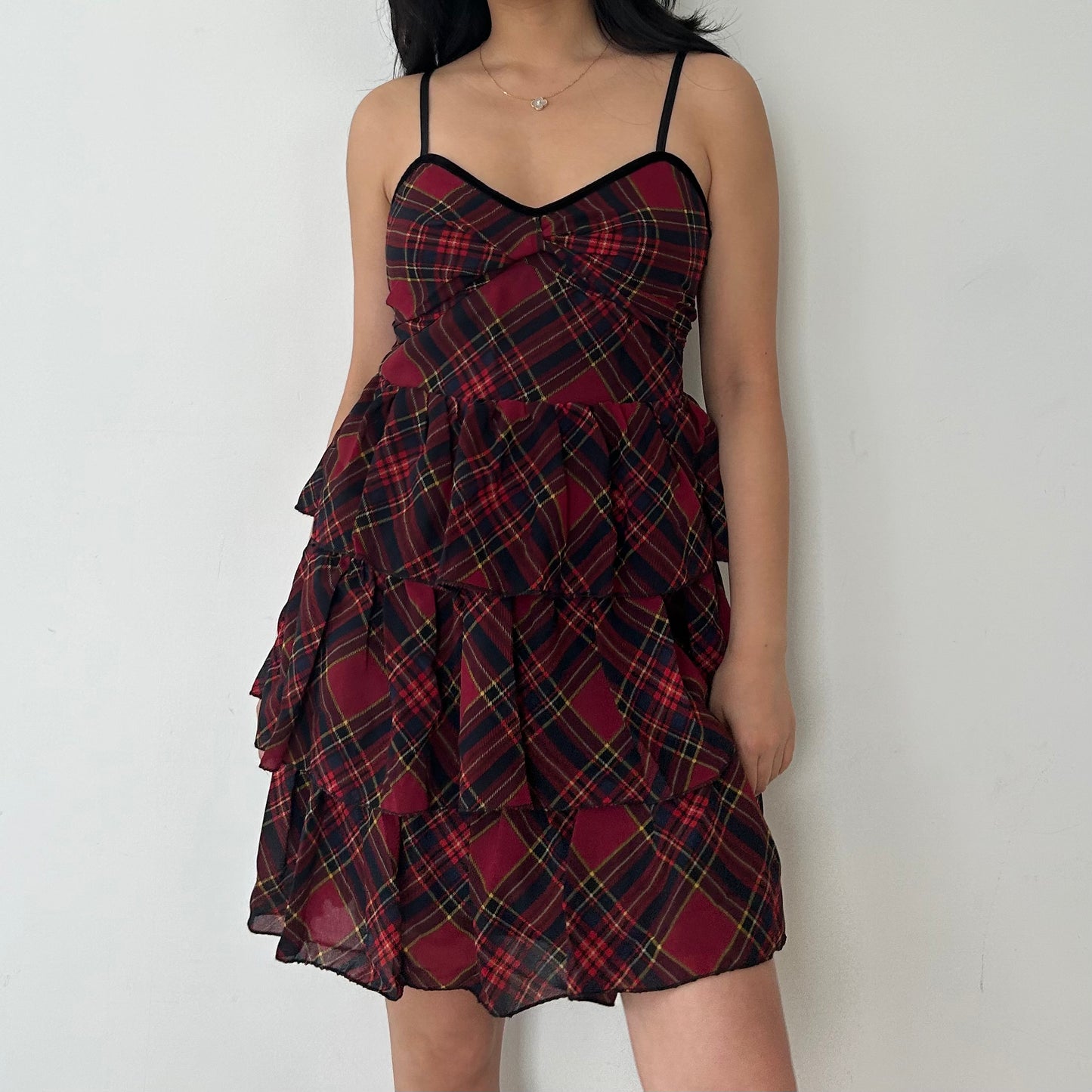 BNWT Made in Italy Red Tartan Ruffle Layered Mini Dress - X-Small