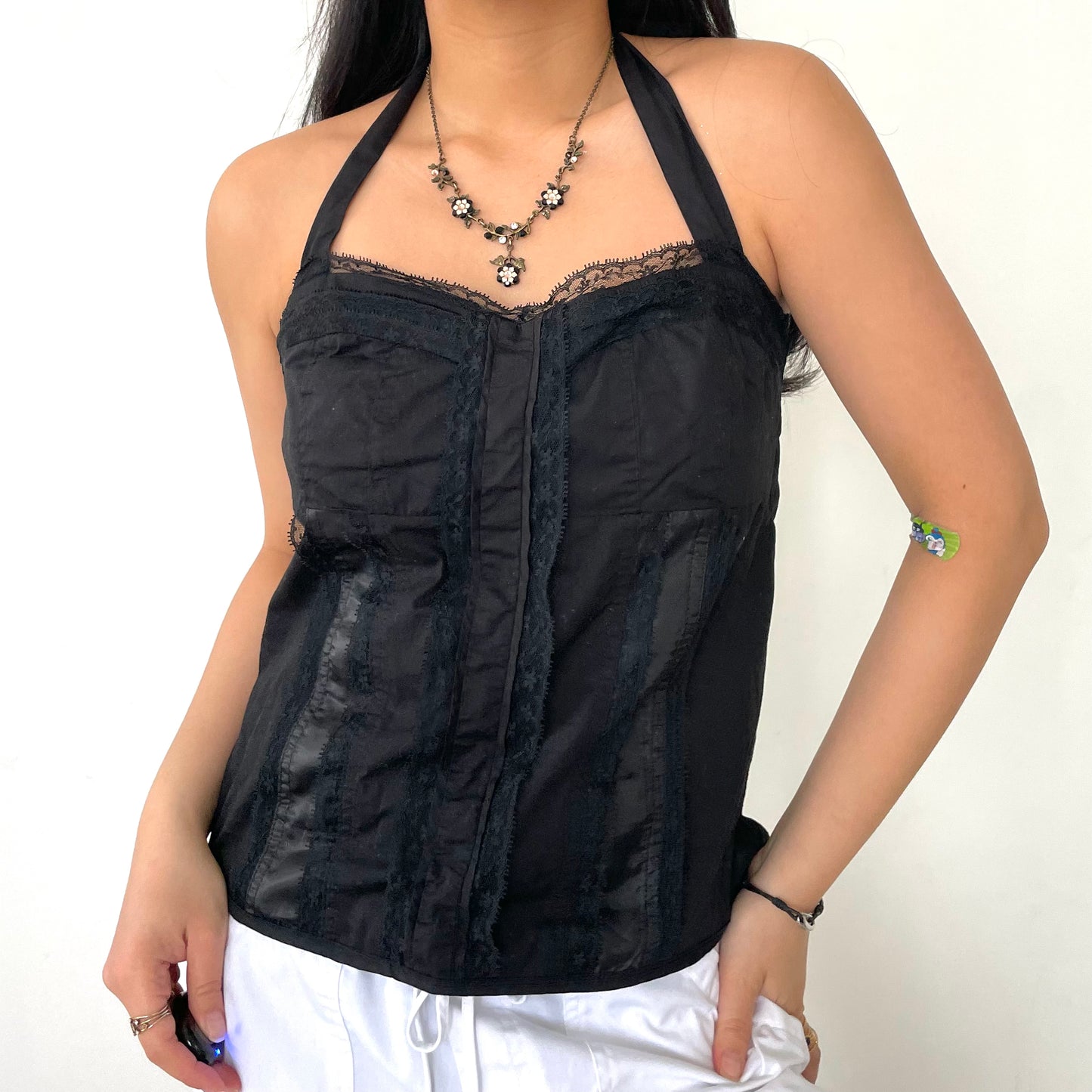 Candy Couture Black Halter Neck Lace Corset Tank Top - Small