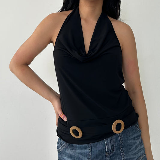 Suzy Shier Y2K Black Cowl Neck Halter Top with Wooden O Ring Details - Medium