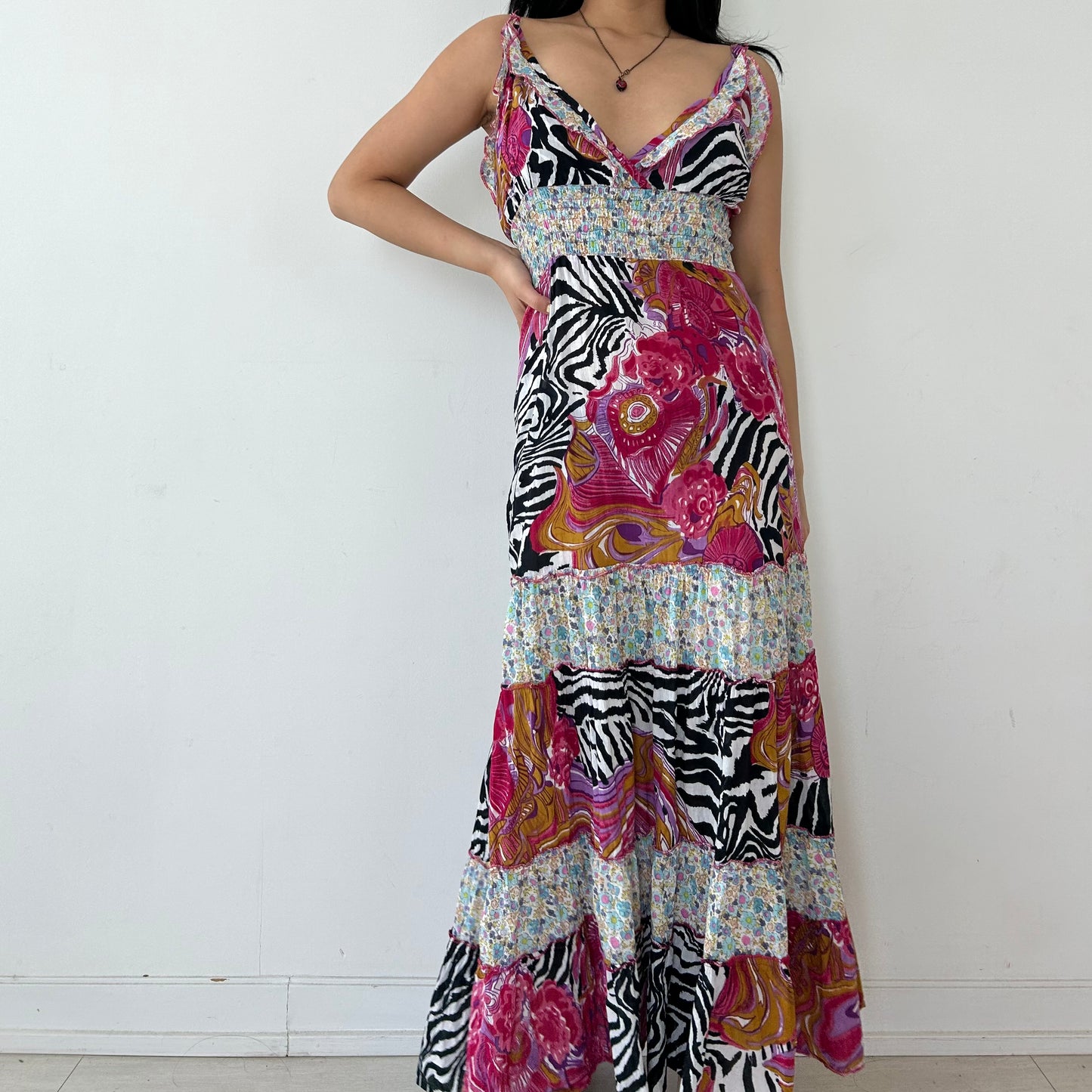 Pink Floral and Zebra Print Flowy Summer Maxi Dress - Small/Medium