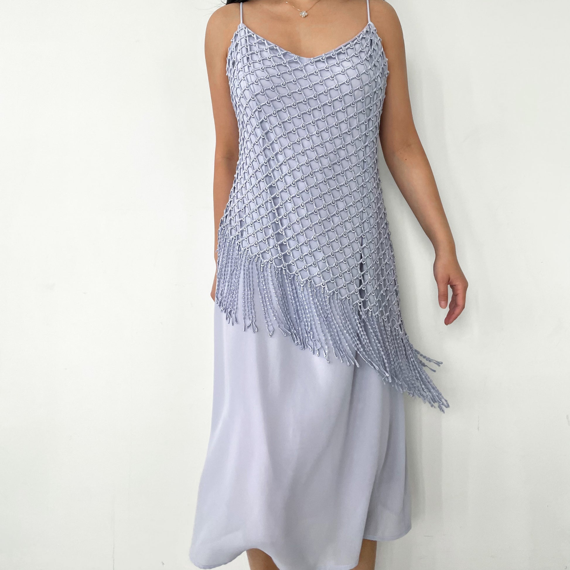 Vintage Coty USA Lavender Fishnet Fringe Satin Slip Evening Gown