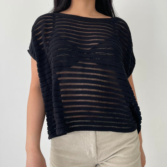 Eileen Fisher Sheer Black Striped Short Sleeve Batwing Top - X-Small/Small