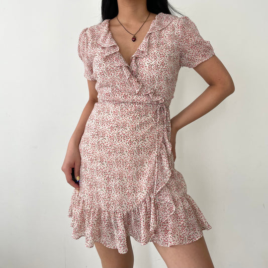 Sweet Pot Cream and Red Floral V Neck Short Sleeve Wrap Dress - Small