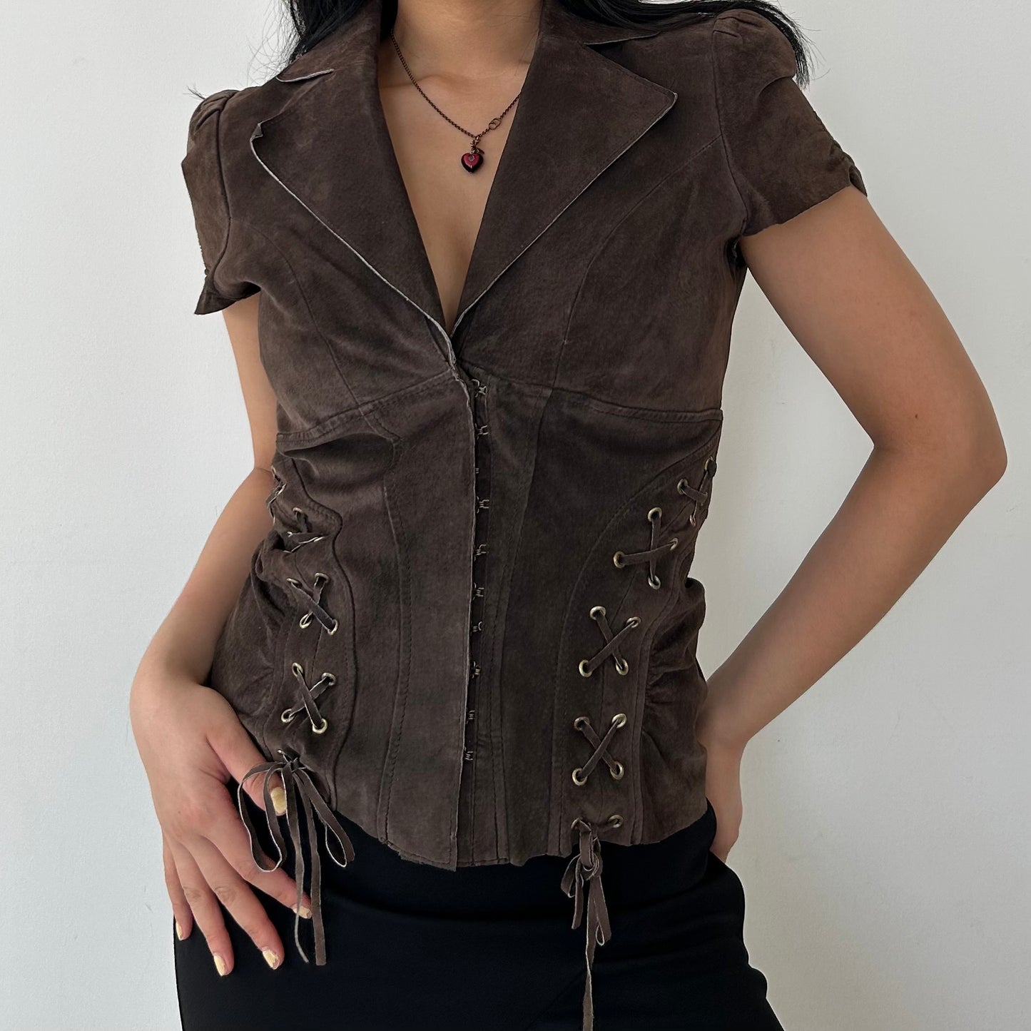 Marciano Dark Brown Suede Short Sleeve Western Cowgirl Top - Small