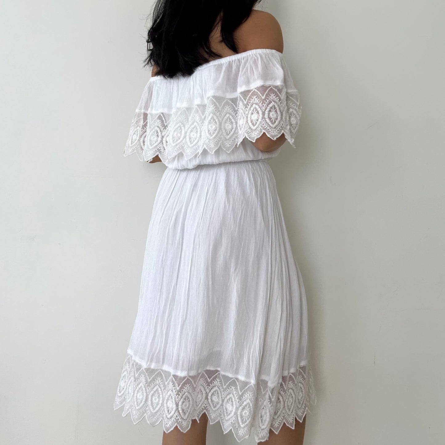 Topshop White Off Shoulder Short Sleeve Lace Boho Summer Dress - Medium