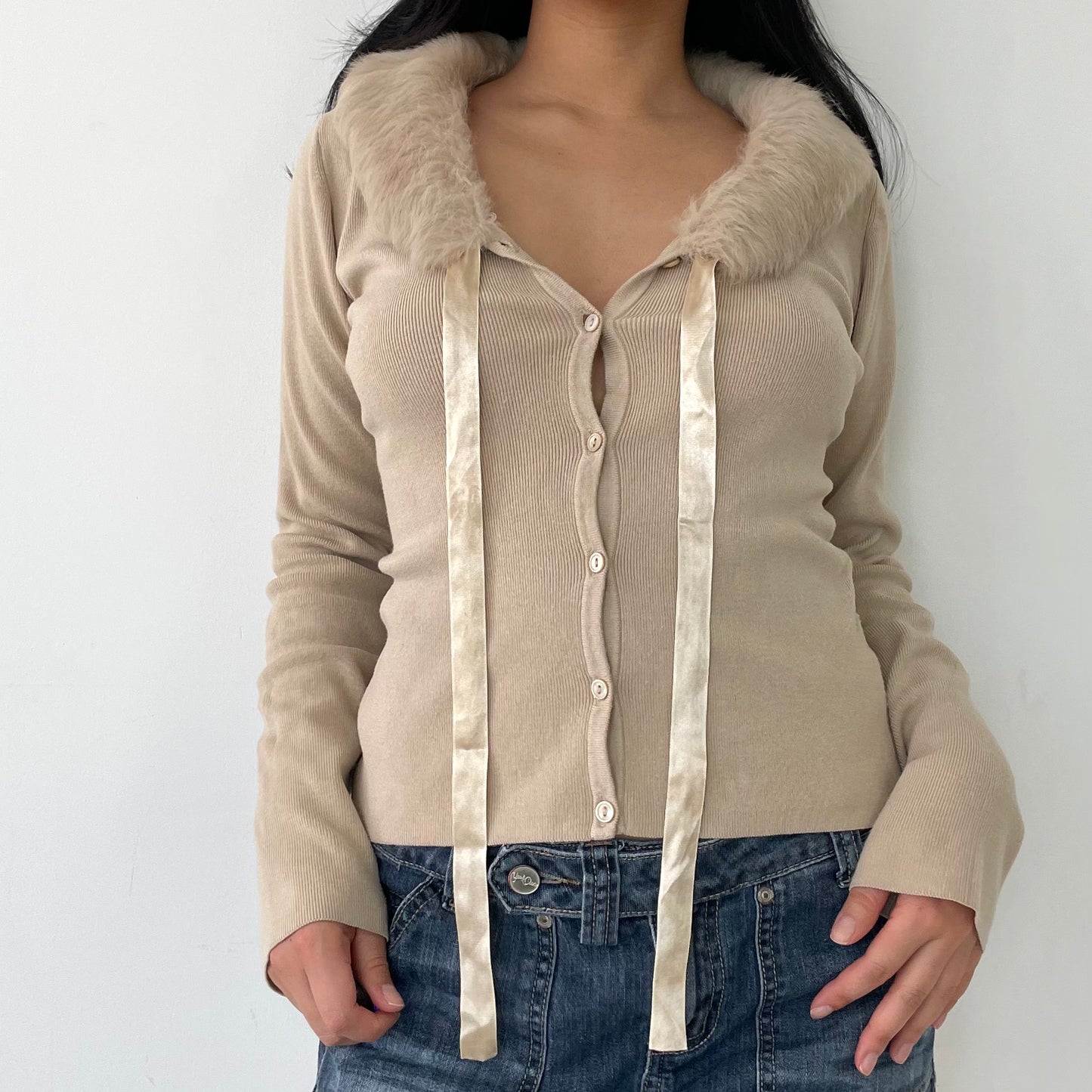 Sandra Angelozzi Beige Fur Trim Cardigan - Small