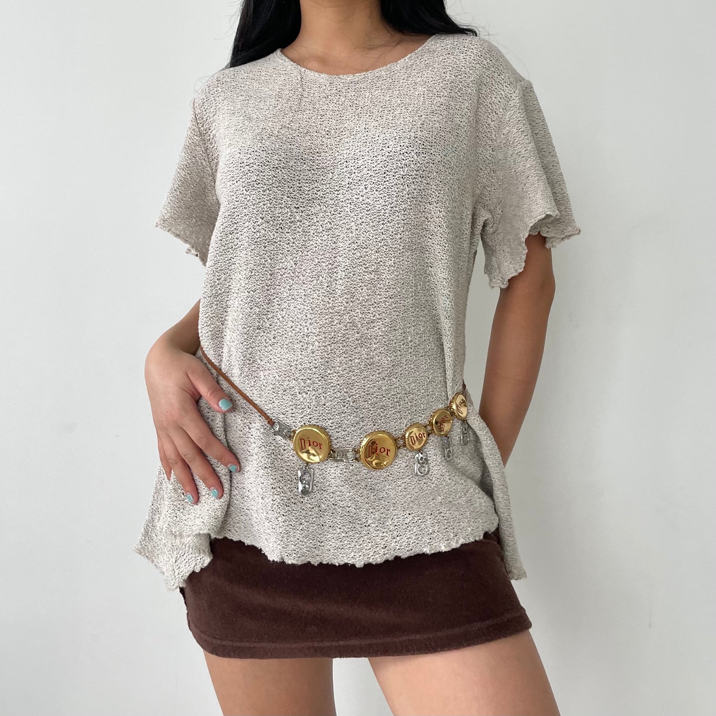 Beige Short Sleeve Flowy Knit Top - Large