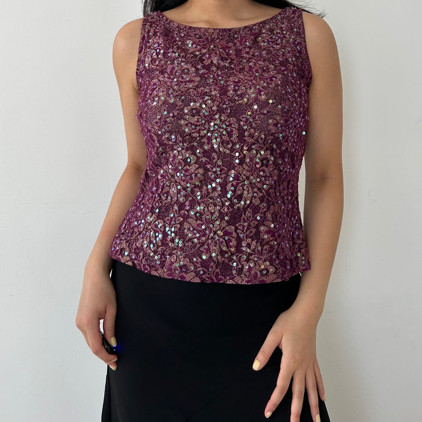 GVN Purple Sequin High Neck Sleeveless Floral Tank - Medium