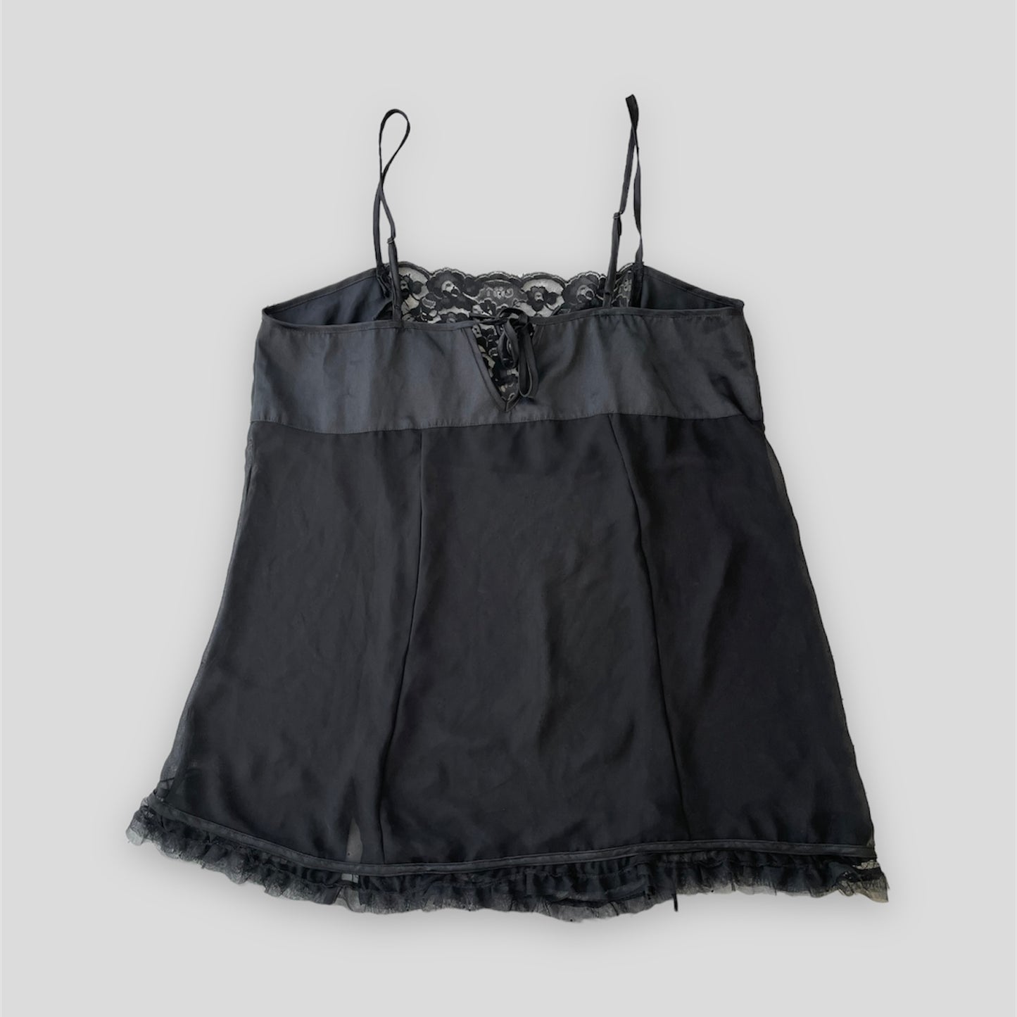 Black Lace Trim Ruffle Hem Bow Detail Satin Lingerie Top - XX-Large