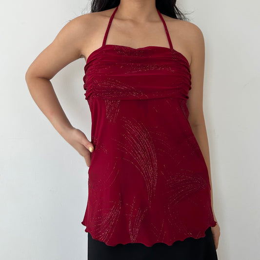 Suzy Shier Made in Canada Red Sparkly Halter Neck Top - Medium