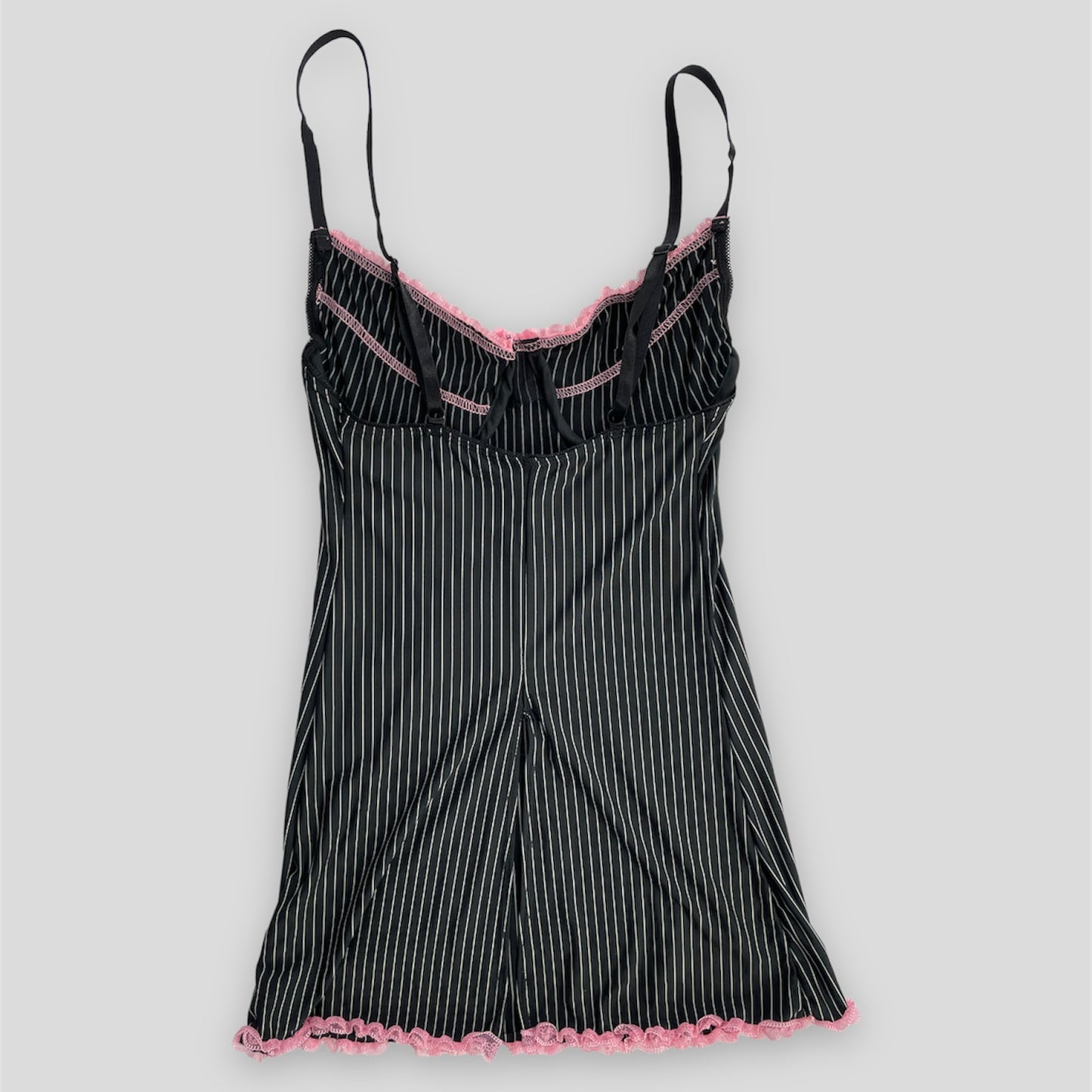 Dreamgirl Black and White Pinstripe Lingerie Top with Pink Ruffle Trim - Small