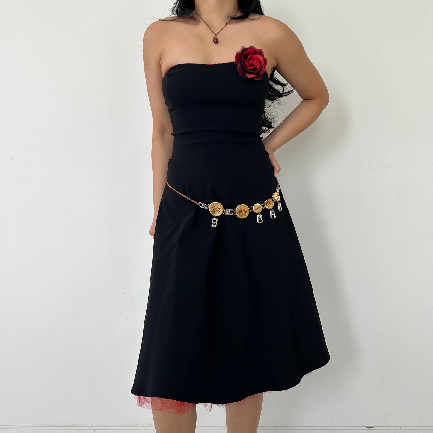 Vintage 1990s Made in USA Forever 21 Red Rose Brooch Black Strapless Dress - Small