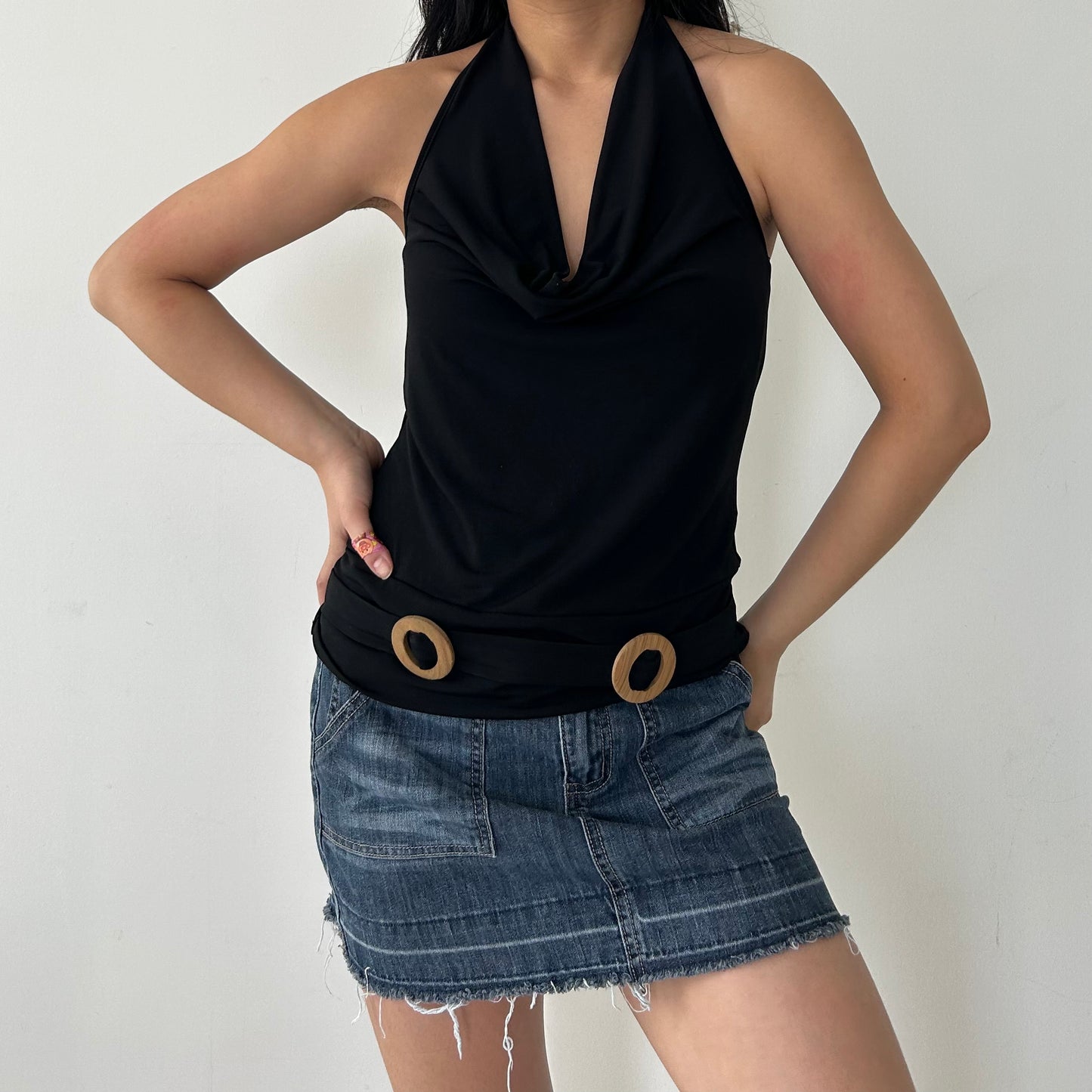 Suzy Shier Y2K Black Cowl Neck Halter Top with Wooden O Ring Details - Medium