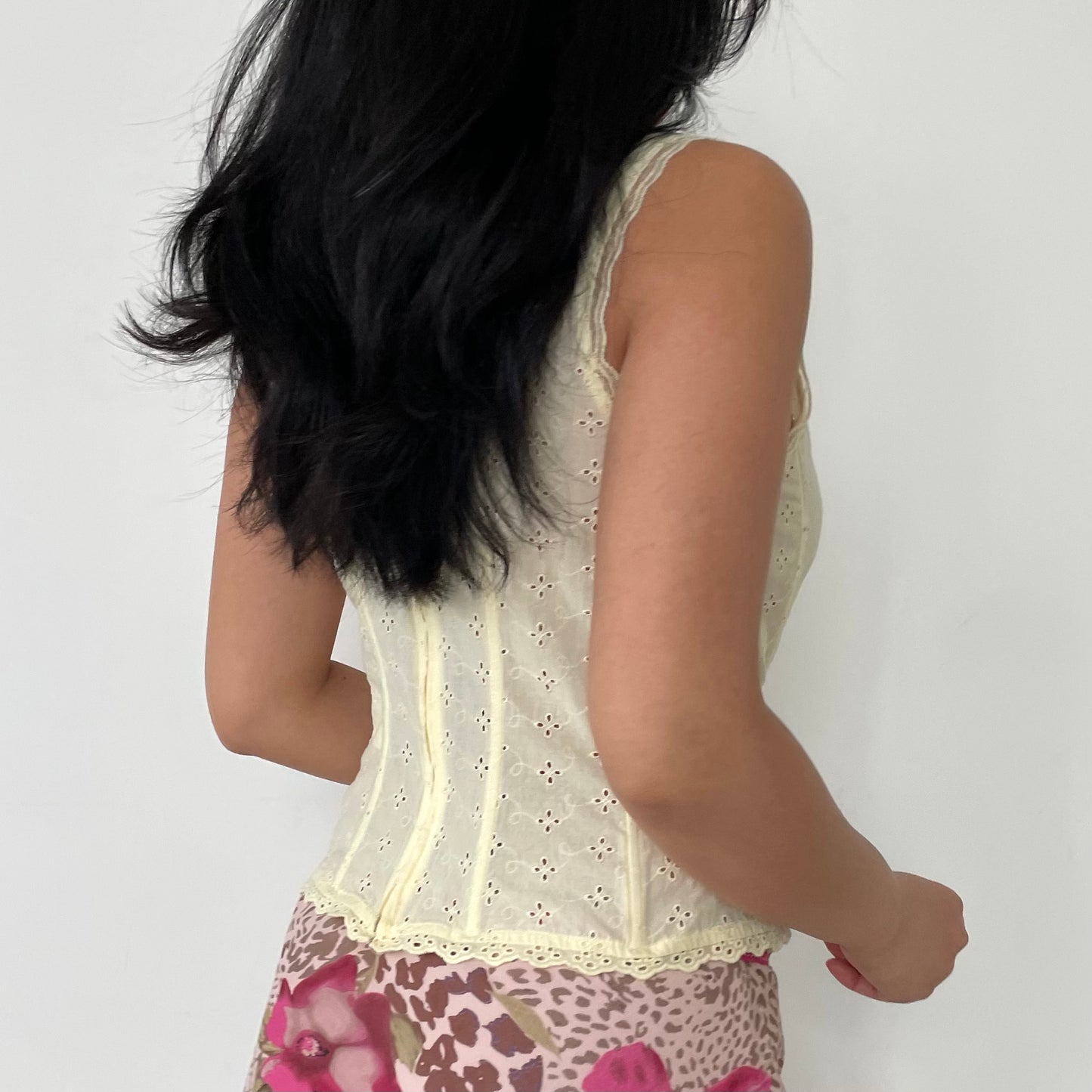 H&M Butter Yellow Broderie Anglaise Lace Front Boned Corset Top - Small/Medium